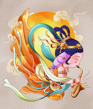 國潮兔子敦煌飛天樂者薩克斯