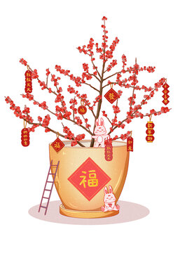 中國(guó)風(fēng)春節(jié)冬青盆栽紅紅火火