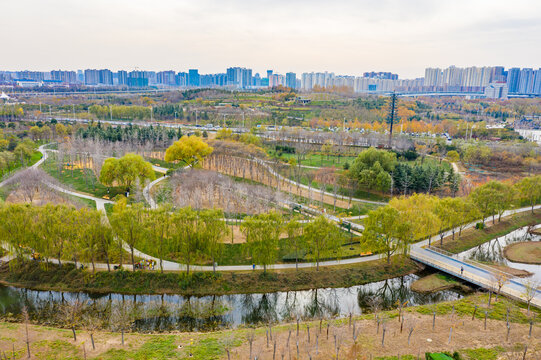 航拍郑州北龙湖湿地公园