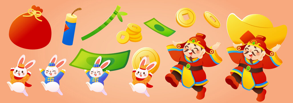 財(cái)神與兔子新年素材組合
