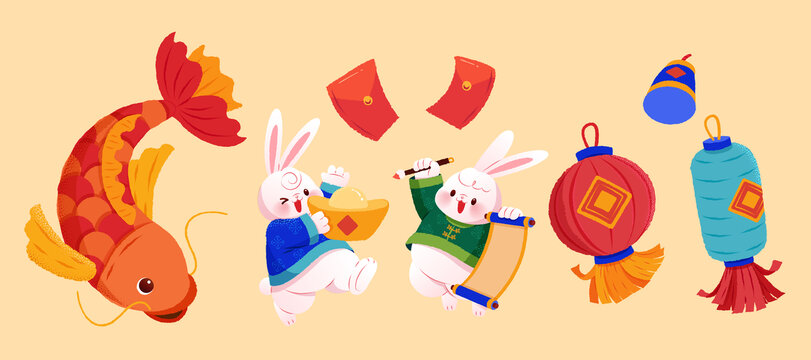 兔子与鲤鱼新年插图素材组合