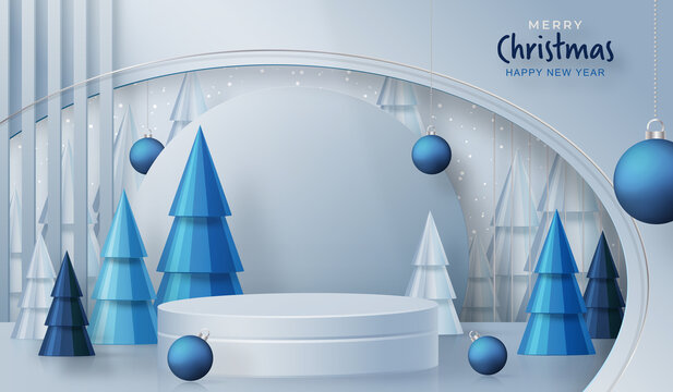 围栏旁室内圆形渲染舞台与圣诞树 广告模板