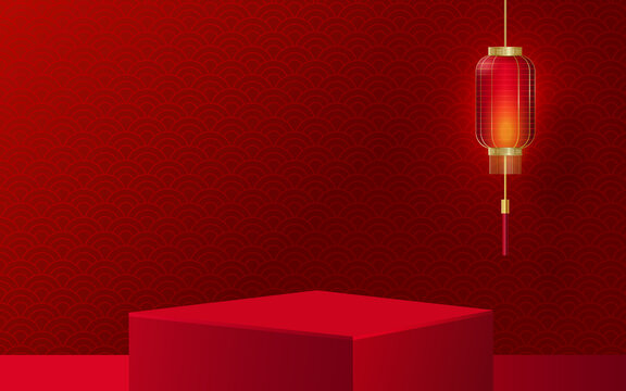 中国风吊挂灯笼下的正方形渲染舞台 广告模板