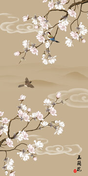 玉蘭花鳥屏風