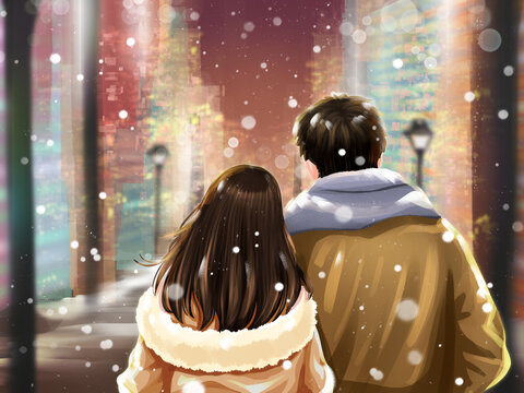 下雪街頭相擁的情侶插畫