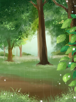 下雨的树林风景插画