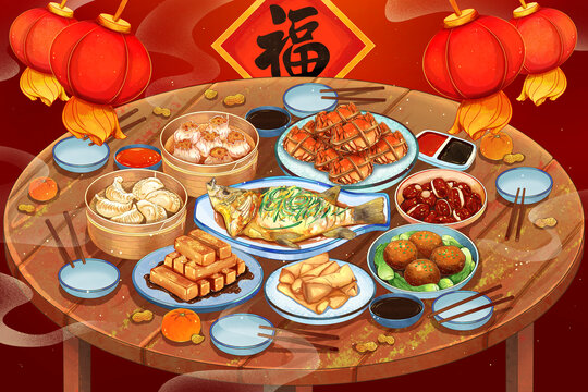 圓桌年夜飯插畫
