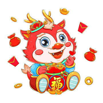 國潮新年春節(jié)龍年抱福袋的龍