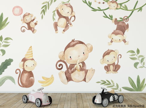 手绘猴子儿童房背景墙