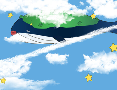 卡通鯨魚藍天白云