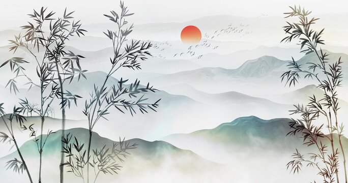 水墨竹子山水畫