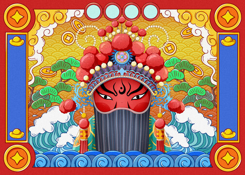 國潮非遺文化戲劇紅臉春節插畫