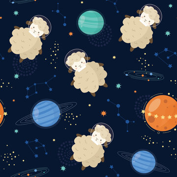 卡通太空綿羊平鋪背景圖案