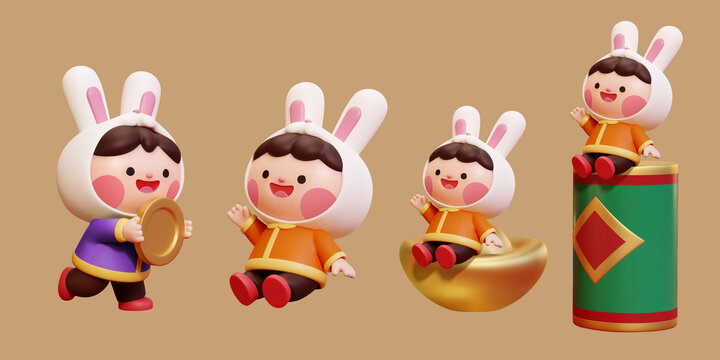 三維可愛兔耳朵人物素材