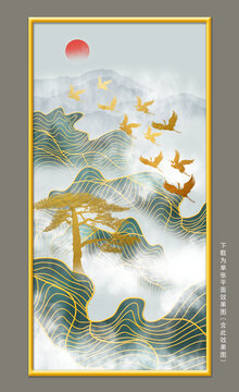新中式發(fā)財(cái)樹(shù)線條山水壁畫(huà)