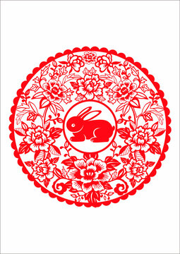 兔年剪紙窗花兔子圖案花開(kāi)富貴