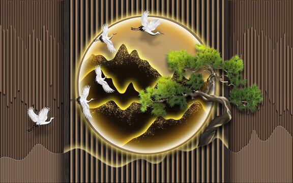 新中式山水畫發(fā)光背景墻