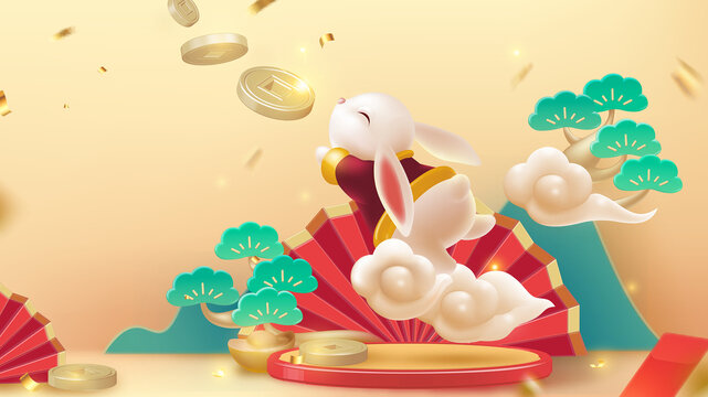 春節(jié)插畫設(shè)計接金幣的兔子