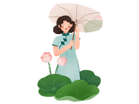 唯美荷花打傘旗袍女孩