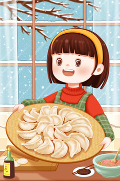 冬至立冬節(jié)氣包餃子的女孩