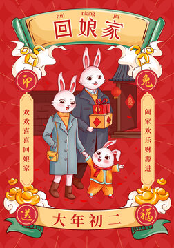初二回娘家过年新年卡通兔海报