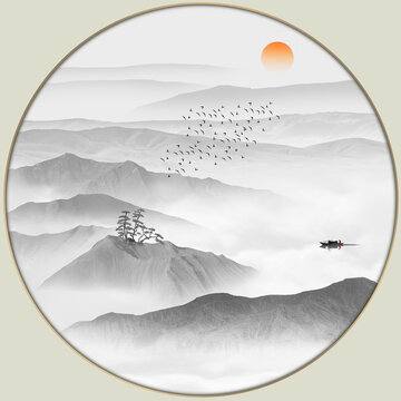 水墨山水圓形鏡心