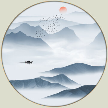 水墨山水圓形鏡心