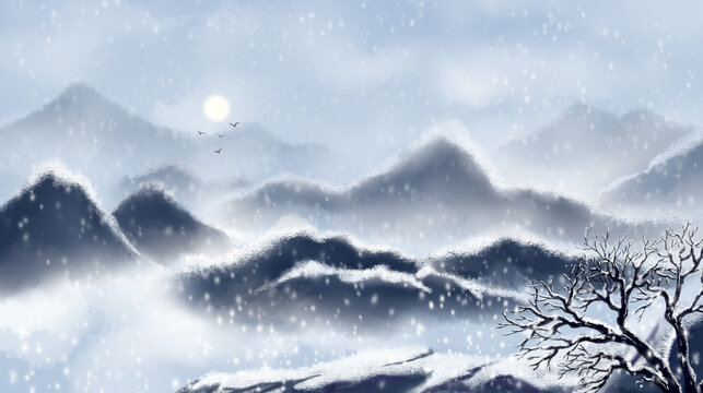 冬天水墨夜晚大雪遠(yuǎn)景