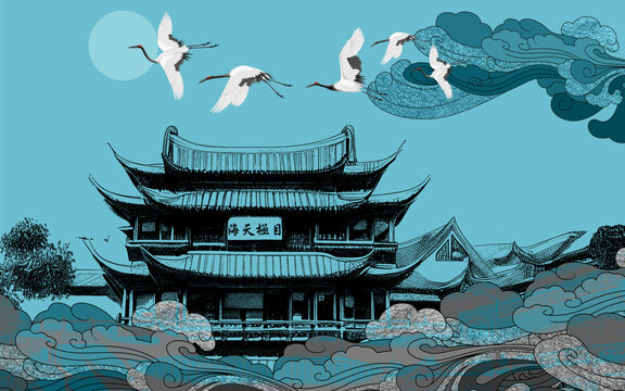 樓閣刺繡祥云背景墻