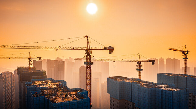 夕阳下城市建组施工吊机