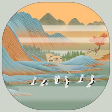 青綠山水仙鶴扇面