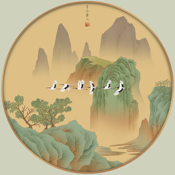 青綠山水圓形鏡心