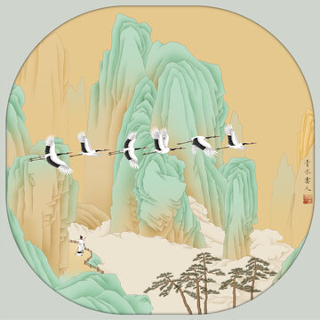 青綠山水仙鶴圓形鏡心