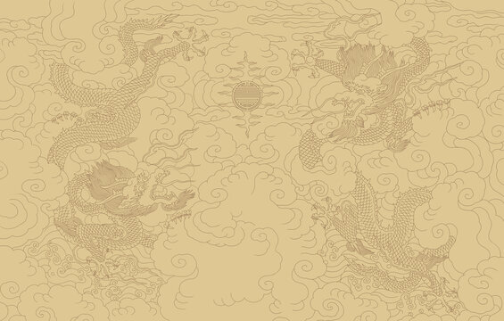 雙龍圖白描稿