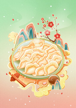 國風(fēng)冬季冬至餃子節(jié)氣插畫海報(bào)