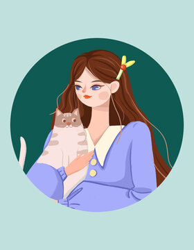 女孩与猫文艺插画