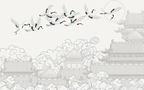 線描樓閣仙鶴背景墻