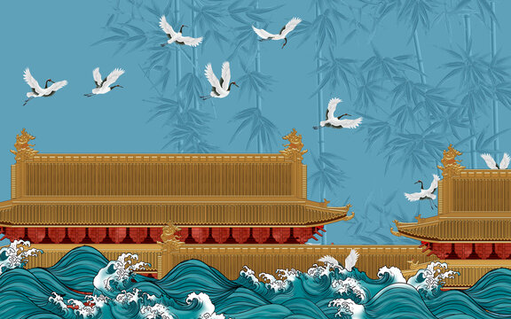 樓閣海浪仙鶴背景墻