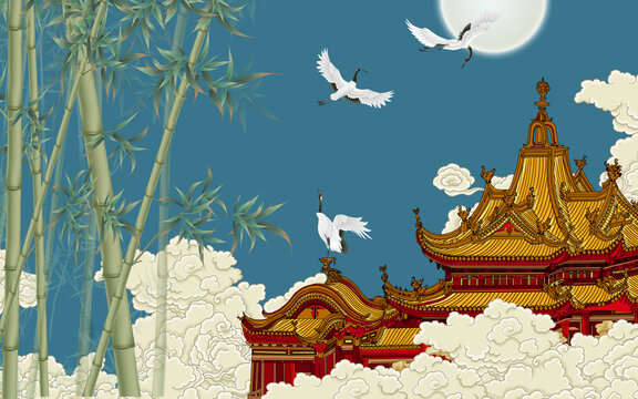 竹子樓閣背景墻