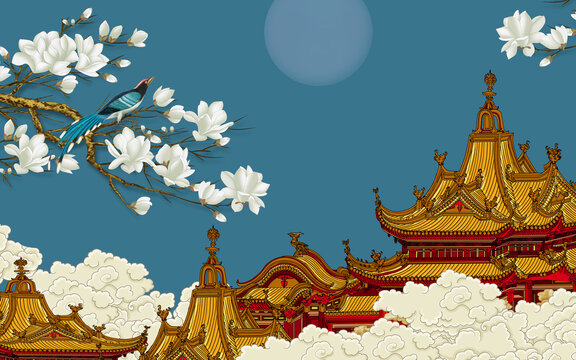 玉蘭樓閣祥云背景墻