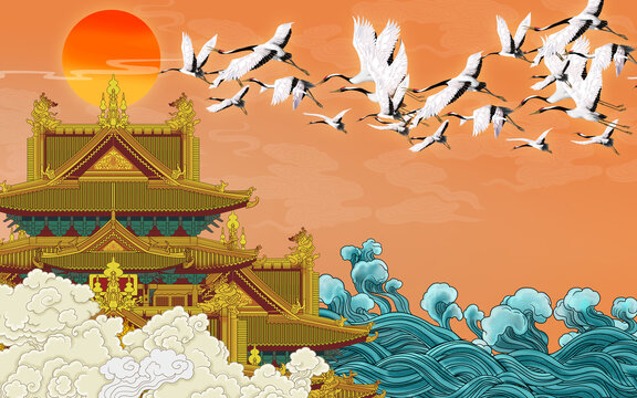 海浪樓閣背景墻