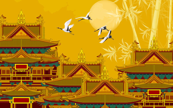 樓閣仙鶴背景墻