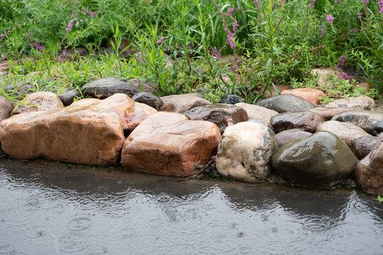 雨中湖畔石头