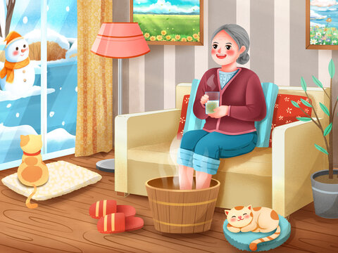 冬天泡脚喝茶的老奶奶插画