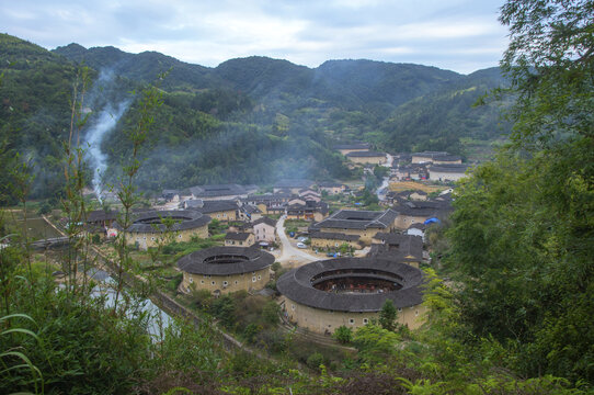 漳州河坑土楼群俯拍风光