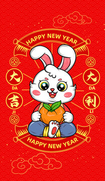 兔年賀歲卡通國潮插畫大吉大利