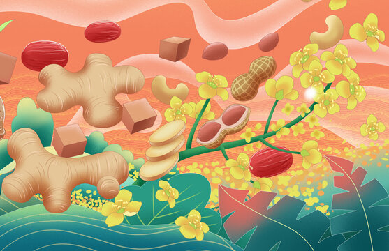 红糖生姜坚果茶插画