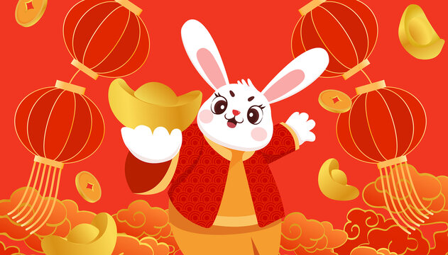 新年燈籠兔子錢幣元寶插畫