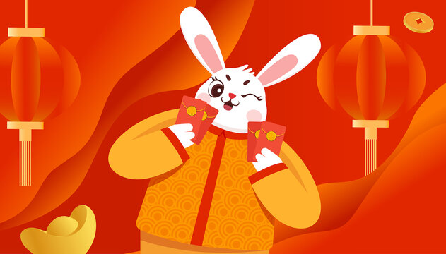 新年福气灯笼兔子红包插画