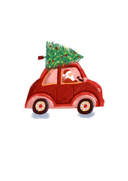 圣诞树圣诞老人汽车插画